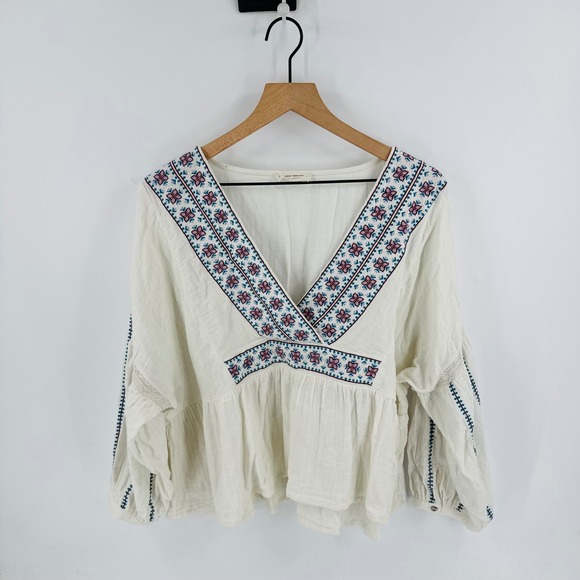 Lucky Brand Tops - Lucky Brand Ivory Embroidered Cotton Gauze Peasant Blouse Size L Boho Peasant